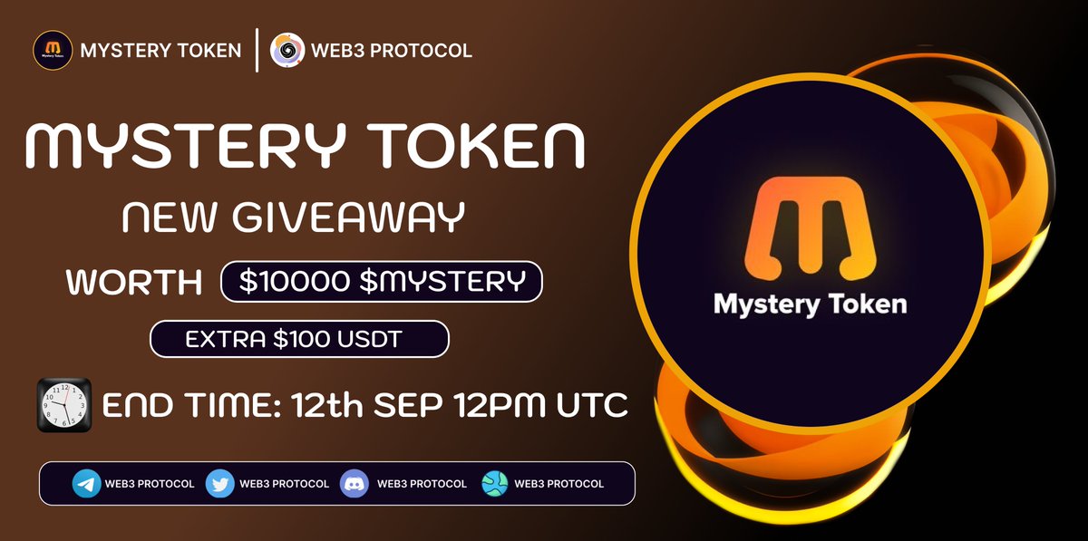 Web3_Protocol's tweet photo. 🎉Web3 Protocol X mystery $10000 giveaway

🏆Prize Pool:- $10,000 $Mystery + $100USDT Reward

 To Enter:-
✔️Follow @Web3_Protocol &amp; @MysteryToken_
✔️Like and RT 3 friends
✔️Fill form :- https://t.co/CWZFCt4oyK

 #Airdrop #Giveaway #Giveaways #mysterytoken https://t.co/W1LaMHhHiT