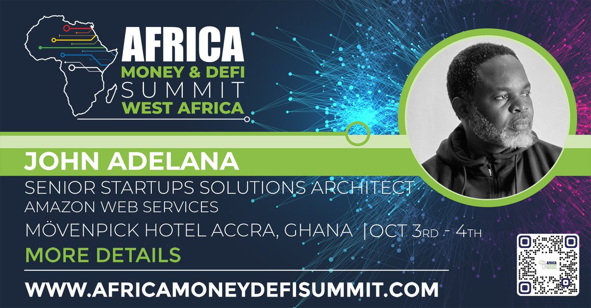 AfricaTechSMT's tweet photo. Africa Money &amp; DeFi Summit West Africa October 3-4 Accra. Excited to have @adelanajohn, Senior Startups Solutions Architech, @awscloud, join us on the #AfricaMoneyDeFi Summit speaker line-up. Join 500+ industry leaders next month. Register here https://t.co/XhFmcQ3O4k #AMDSGH https://t.co/OjTKV71HJu