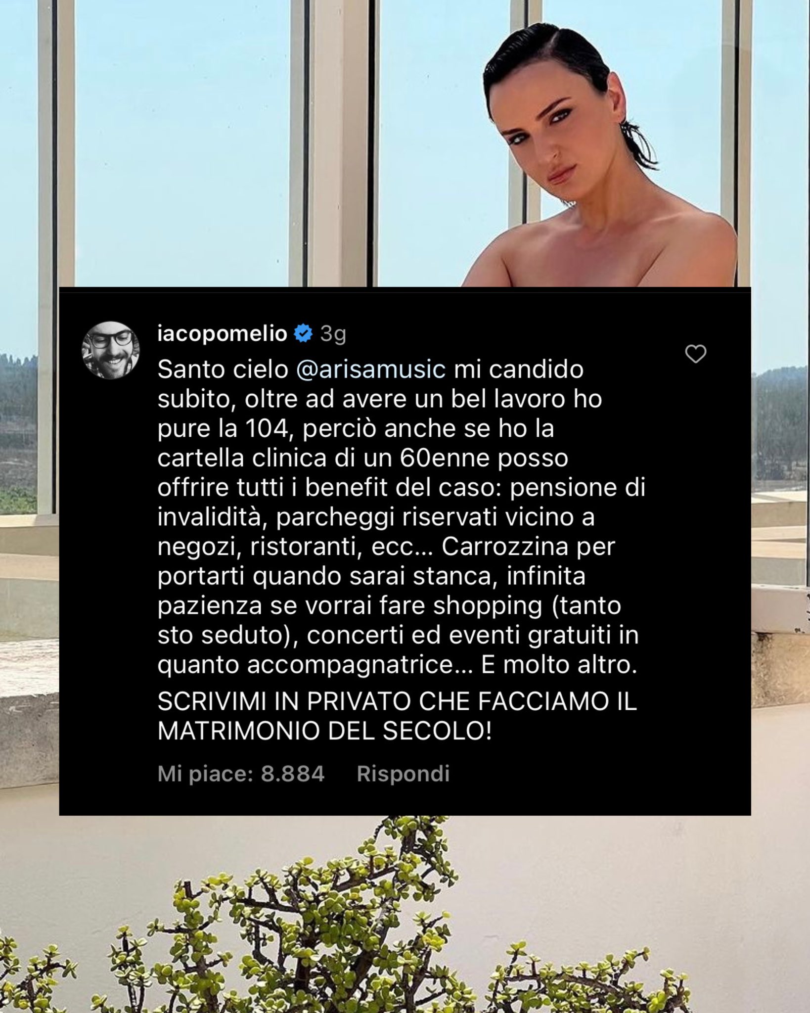 Iacopo Melio on X: PERCHÉ HO INVIATO LA MIA CANDIDATURA PER SPOSARE ARISA  È trascorsa una settimana dal post dell'annuncio pubblicato da Arisa per  cercare marito, perciò adesso posso spiegare il senso