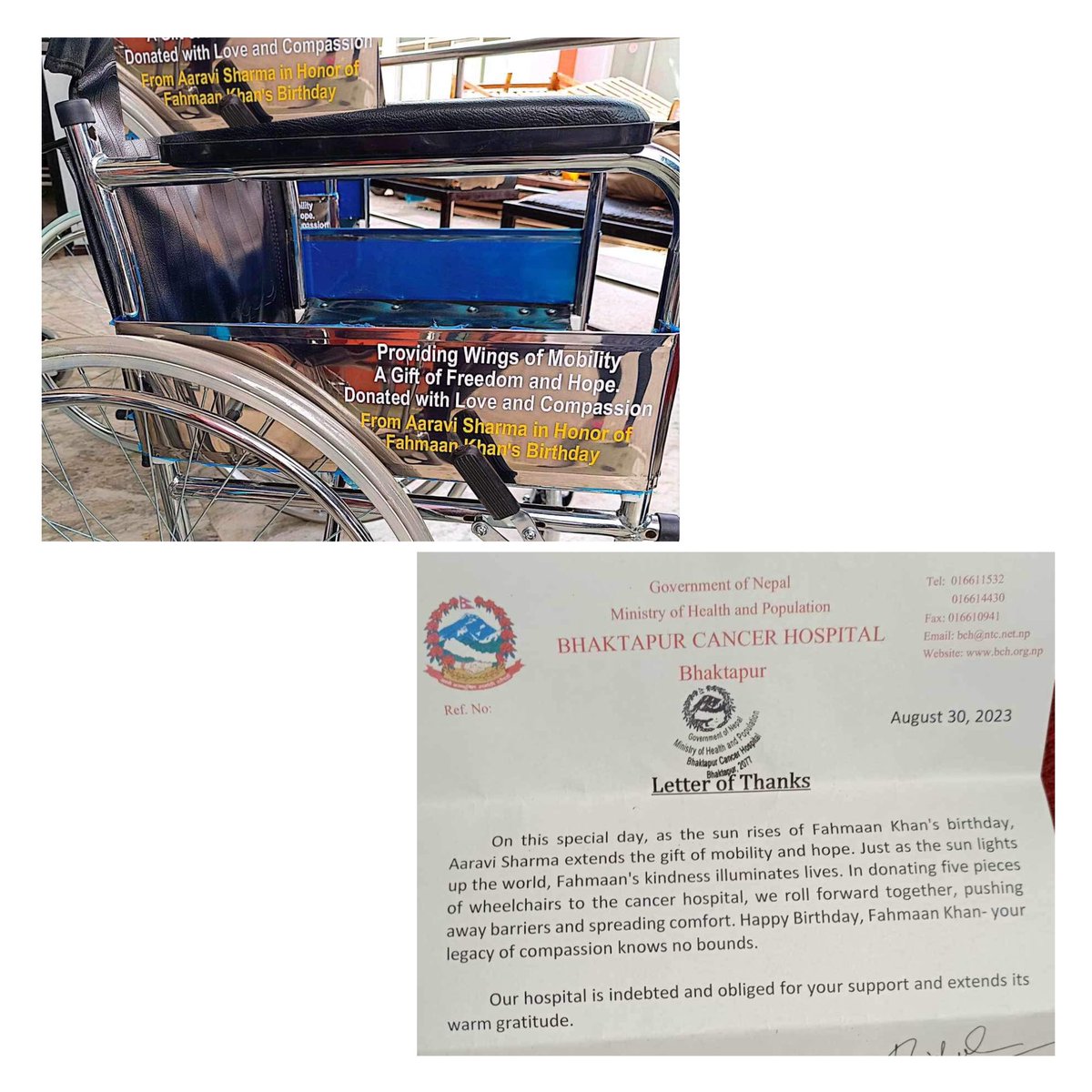 aaravi_sharma's tweet photo. This special day dedicated to incredible @fahmaankhan, I aimed to reflect his compassionate spirit and generous heart. In honor of his birthday, I donated wheelchairs to a cancer hospital. Fahmaan's unwavering kindness and empathy resonate deeply with me. These wheelchairs symbolize not just transport but freedom and hope. Your influence extends far beyond the screen, making a real-world impact. Happy Birthday, our real-life hero! 🙌 #FahmaanKhan 

HBD FAHMAAN KHAN