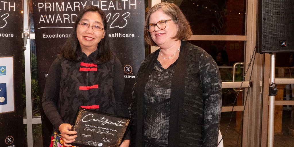 CESPHN's tweet image. Spotlighting the finalists in the Excellence in Allied Health Practice Award at last week&apos;s #CESPHN Primary Health Awards 2023: Congratulations, Christine Tang-Pearce &amp;amp; Centre for Eye Health. Read about the winners and finalists: ow.ly/W6q350PHi6k

#PHA2023