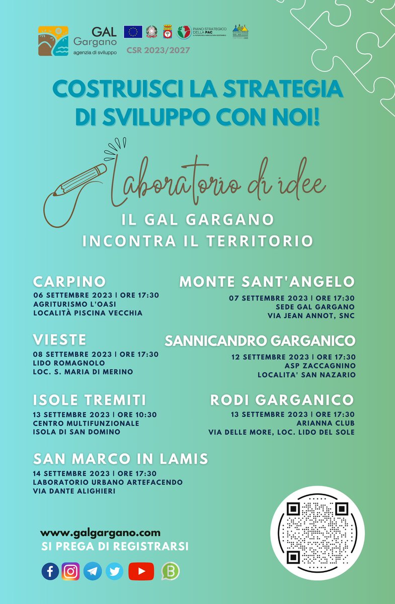 📷📷Stanno per partire gli incontri di animazione territoriale, il nostro LABORATORIO DI IDEE per la costruzione della SSL 2023/2027 del GAL Gargano.
Basterà registrarsi a questo link:  forms.gle/w4eiqJkMvXbkjb…
Vi aspettiamo!