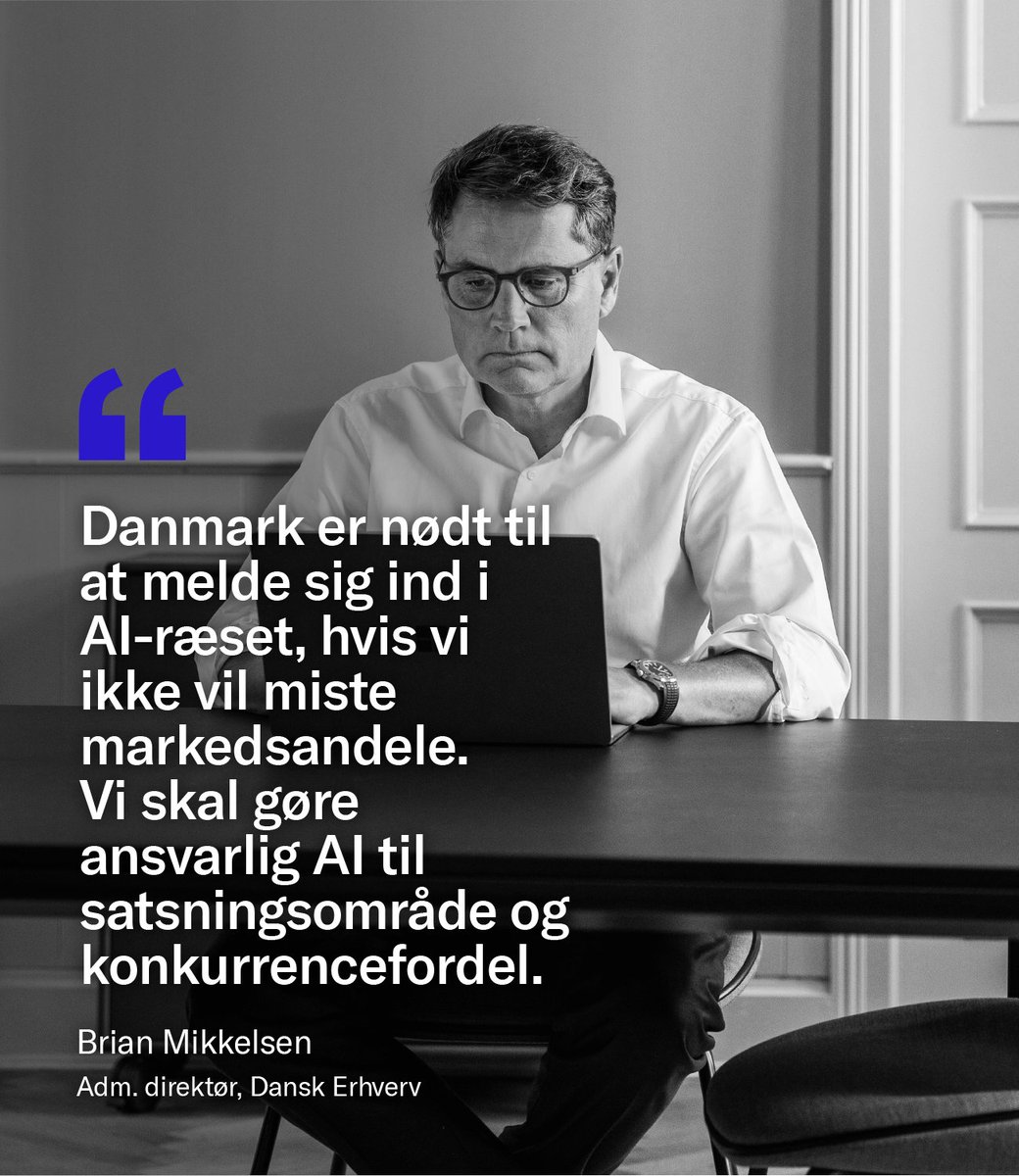 BrianAMikkelsen's tweet photo. Danmark investerer alt for lidt i udvikling af kunstig intelligens, selvom AI bliver afgørende for fremtidens samfund, økonomi og jobskabelse. Vi er nødt til at handle nu. Derfor kommer Dansk Erhverv med et AI-udspil, der skal sikre, at Danmark kommer med i AI-ræset #dkpol https://t.co/H9o4FtzZEN