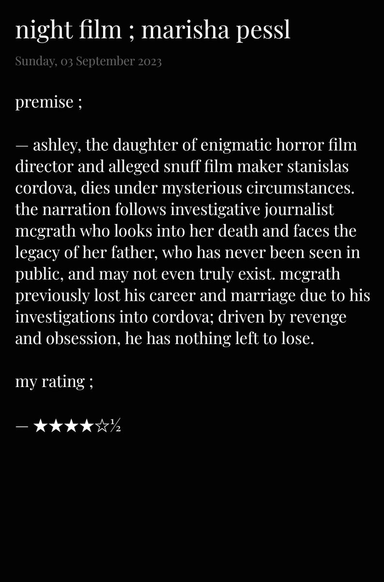 night film • marisha pessl 

— horror thriller 
— adult 
— tws nothing specific