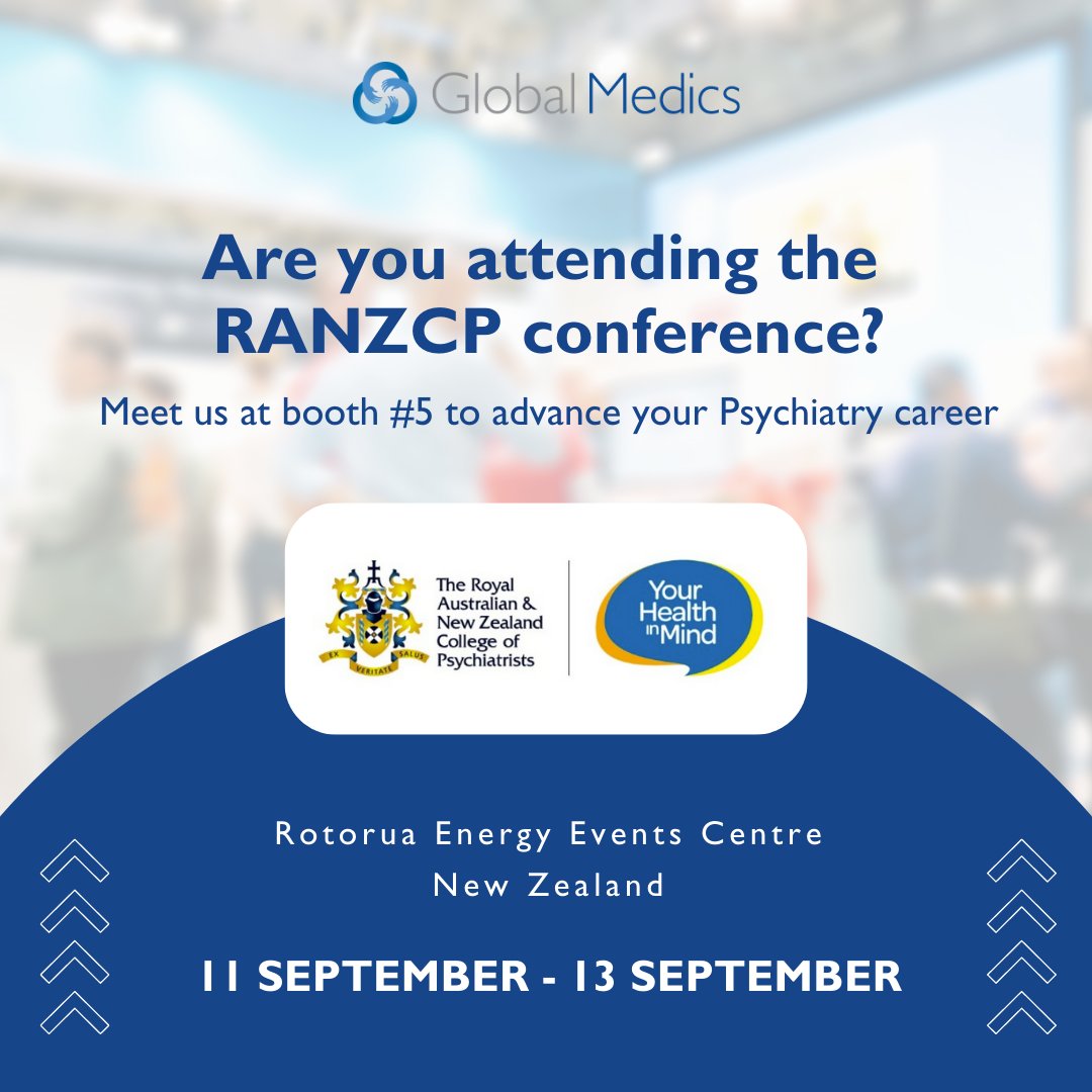 Come chat with our recruiters at Booth #5, Monday 11 September - Wednesday 13 September at the Rotorua Energy Events Centre in New Zealand! 

Your next chapter begins with 'hello'. See you there!

#RANZCP2023 #psychiatrists #psychiatry #mentalhealth #RANZCPmember  #RANZCPsa