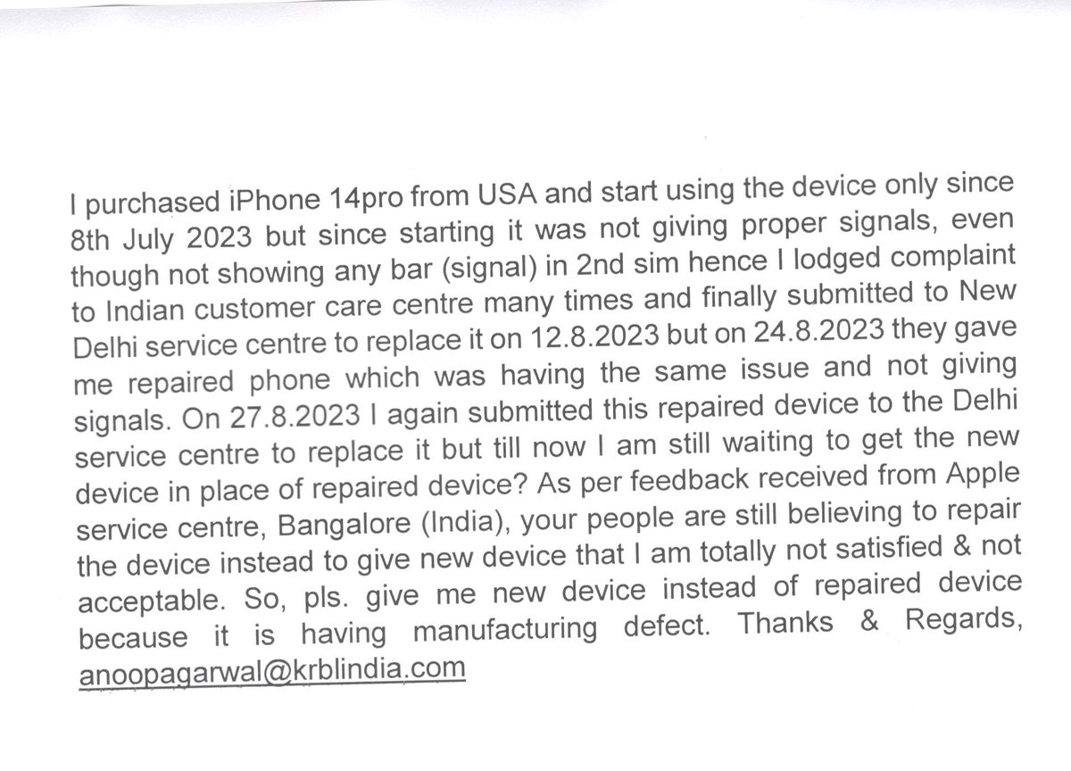 anoop7841's tweet photo. @apple @stevewoz @AppleSupport @AppleServiceArg , I pur.iphone 14pro frm USA, start using device frm 8.7.23, but not giving proper signals, not showing any bar (signal) in 2nd sim, complaint lodged many times,device is lyig you,pls. give me new device instead of repaired device https://t.co/xViJjx5qE5
