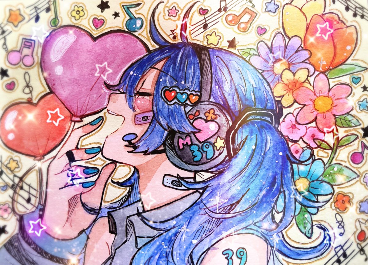 1girl balloon flower musical note solo bandaid blue hair  illustration images