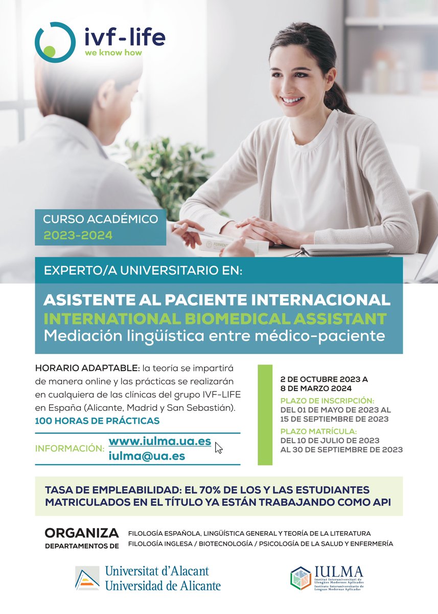 neotermed's tweet image. 👉Formación como mediador/a lingüístico/a  
📢¡Últimas plazas! Inscripción abierta hasta el 15/09
💻Horario adaptable y modalidad mixta (clases teóricas y 100 horas de prácticas en clínica)

➡️Preinscríbete ahora en: web.ua.es/es/continua/ca…

#expertouniversitario #UA #IVFLIFE