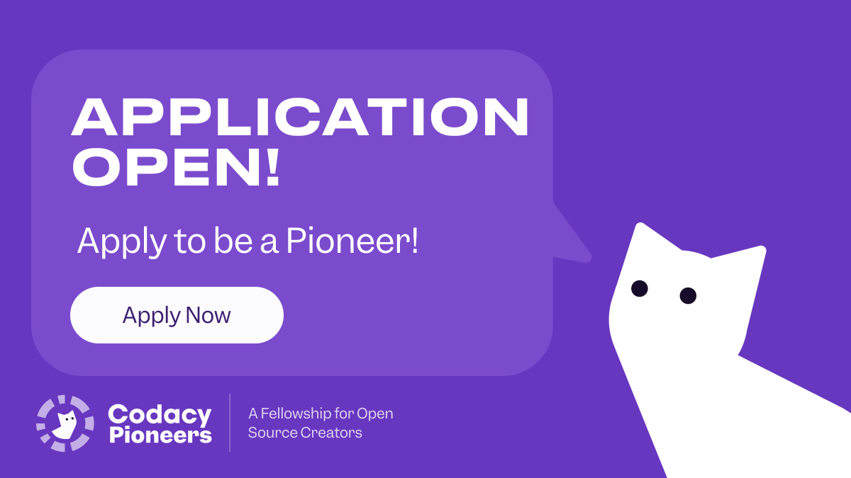 codacy's tweet photo. 📌 Today's the day!
📣 Applications for Codacy’s Pioneers open-source fellowship program are officially open!
We look forward to hearing from you!
Check out this blog post by Codacy CEO @jaimefjorge to learn more about the program and how to apply: https://t.co/NiUdTGGZwg https://t.co/W38Z8RqjSf
