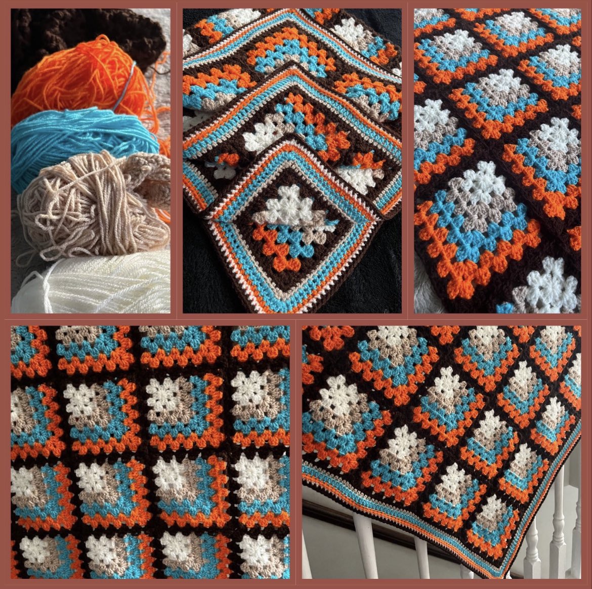 Crochet Retro Style Granny Square Blanket 🧡🤎💙 #MHHSBD #SmallShop #crochet #grannysquare #shopearly #craftbizparty #wip #70s #mancave #handmadehift #vintagestyle #giftideas #magic dwcrochetpatterns.etsy.com/listing/140935…