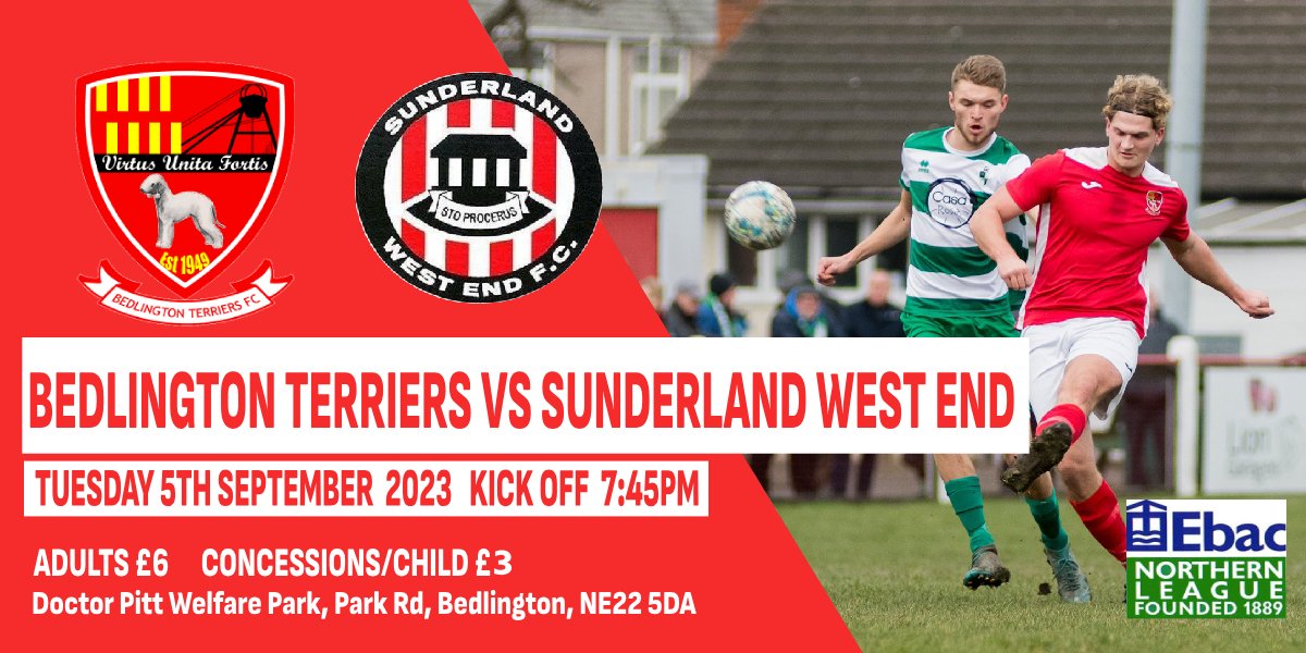 𝙉𝙀𝙓𝙏 𝙐𝙋 | <a href="/Westend_FC/">Sunderland West End FC</a>  (𝙃)    

After 3 points on the road against Billingham Synthonia the lads return home for a mid-week fixture vs. Sunderland West End

📆 Tuesday 5th September 2023 
⏰ 7:45pm  
🍟 Food served from 7:15pm  
🥤 Bar open 6:00pm 
🏆 EBAC League 2