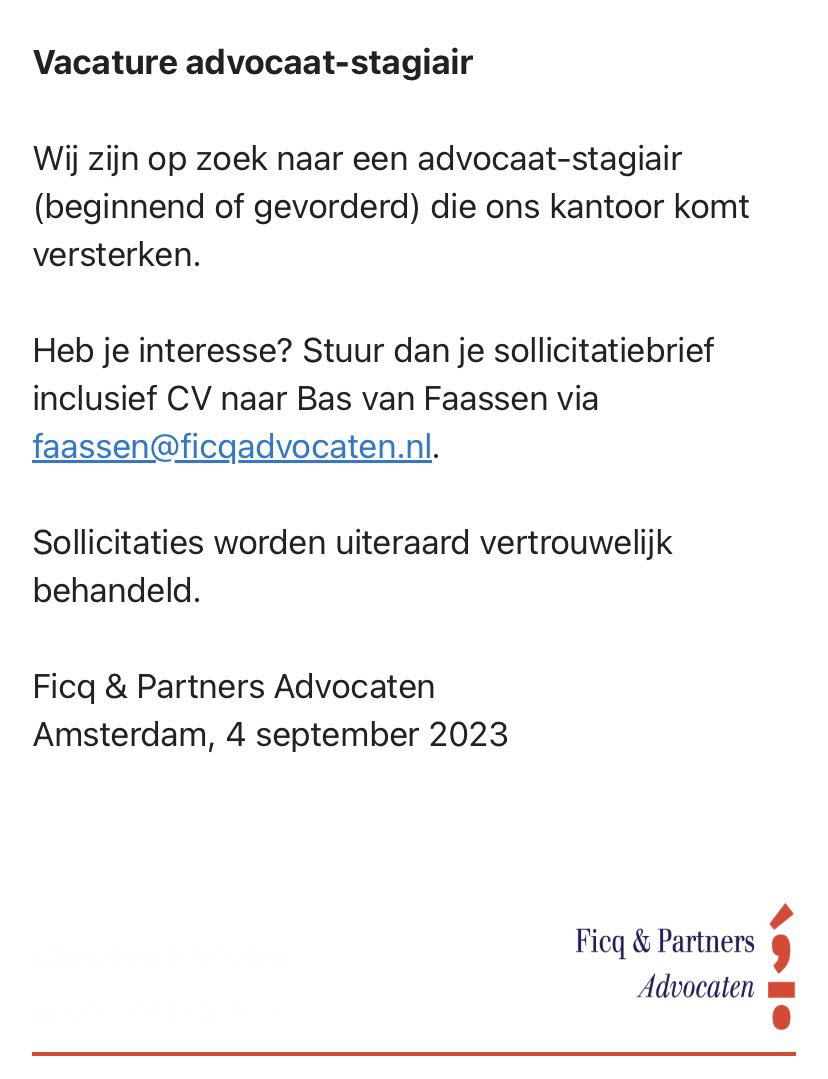 Vacature advocaat-stagiair!

Wij zijn op zoek naar een advocaat-stagiair (beginnend of gevorderd) die ons kantoor komt versterken. 

Interesse? Reageer dan snel!