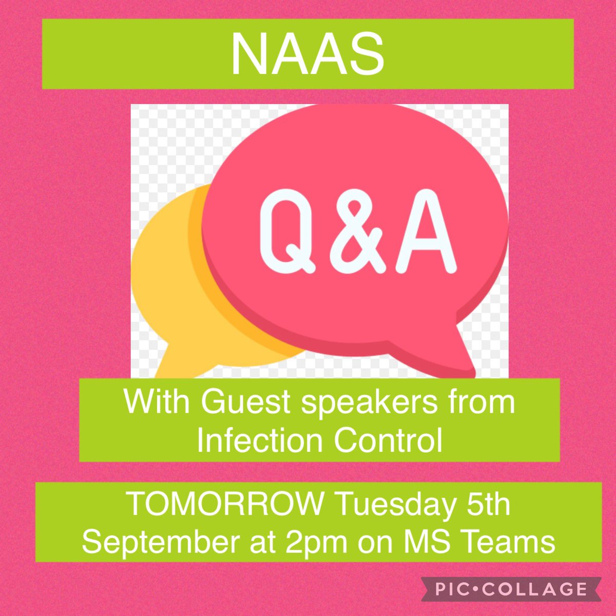 🚨TOMORROW is Septembers NAAS Q&A session🚨the topic of discussion will be Infection Control and we will be joined by the Infection Control team! Also we will be open up to any questions you may have about NAAS🤩 @JaneGarforth1 @hcarterrje @NCAlliance_NHS @VickT75 @jacqui_burrow