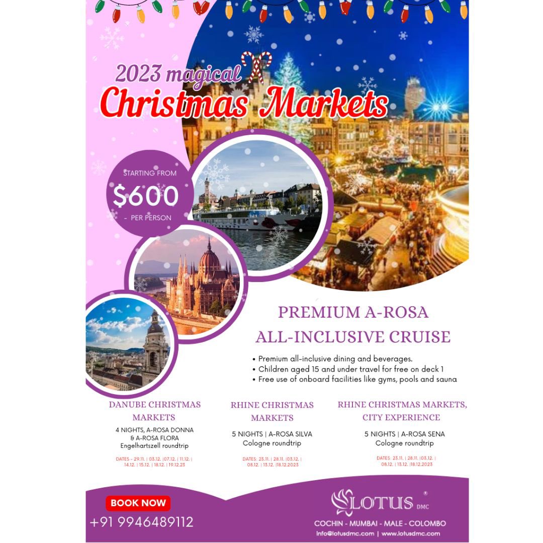 Immerse in the festive spirit with our Christmas Markets Cruise! 🎄✨ Explore the enchanting Danube and Rhine rivers in Europe for as low as $600 per person. Book your holiday adventure today!! 
#ChristmasCruise #EuropeAdventures #LotusDMC #DestinationinDepth #Meaningfultravel