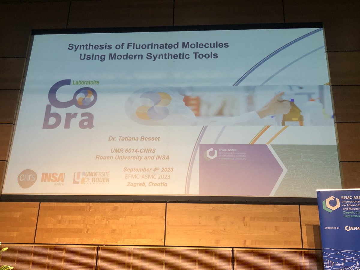 The second IL of the day at #EFMCASMC23 is given by Tatiana Besset (<a href="/BessetTatiana/">Besset Tatiana</a>) on the synthesis of fluorinated molecules using modern synthetic tools, reminding us about the crucial role of fluorine chemistry in drug discovery. <a href="/EuroMedChem/">EFMC</a>