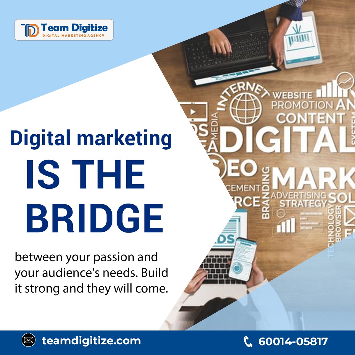TDigitize's tweet image. Digital marketing: the conduit for your passion to meet your audience&apos;s cravings. Construct it with purpose, and watch the connections flourish.🚀🔗 

#teamdigitize #audience #customerservice #customer #brandpromotion #marketingagency #marketingstrategy #digitalbridge #marketing