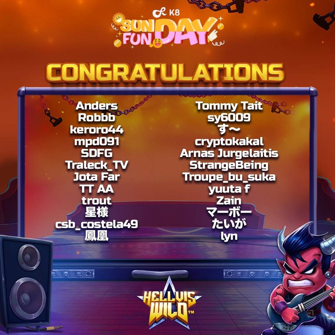 k8official_en's tweet photo. The King lives on in Hellvis Wild! 🤘🔥
Huge congrats to all who found the hidden word in our devilish slot! 

Enjoy your airdrop: K8-RAEADK 🤑

The winning continues as we rock out with Hellvis at #K8 Casino! 🎸
👀 Keep your eyes peeled for more fun and airdrops! 💸 https://t.co/J6RP5JMVAM