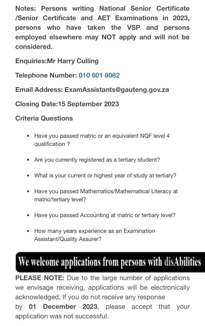 Exam assistant vacancy 

If you know a young person with matric who wants to earn extra cash as an Exam Assistant for the final exam please share this with them. 

Refer to pictures