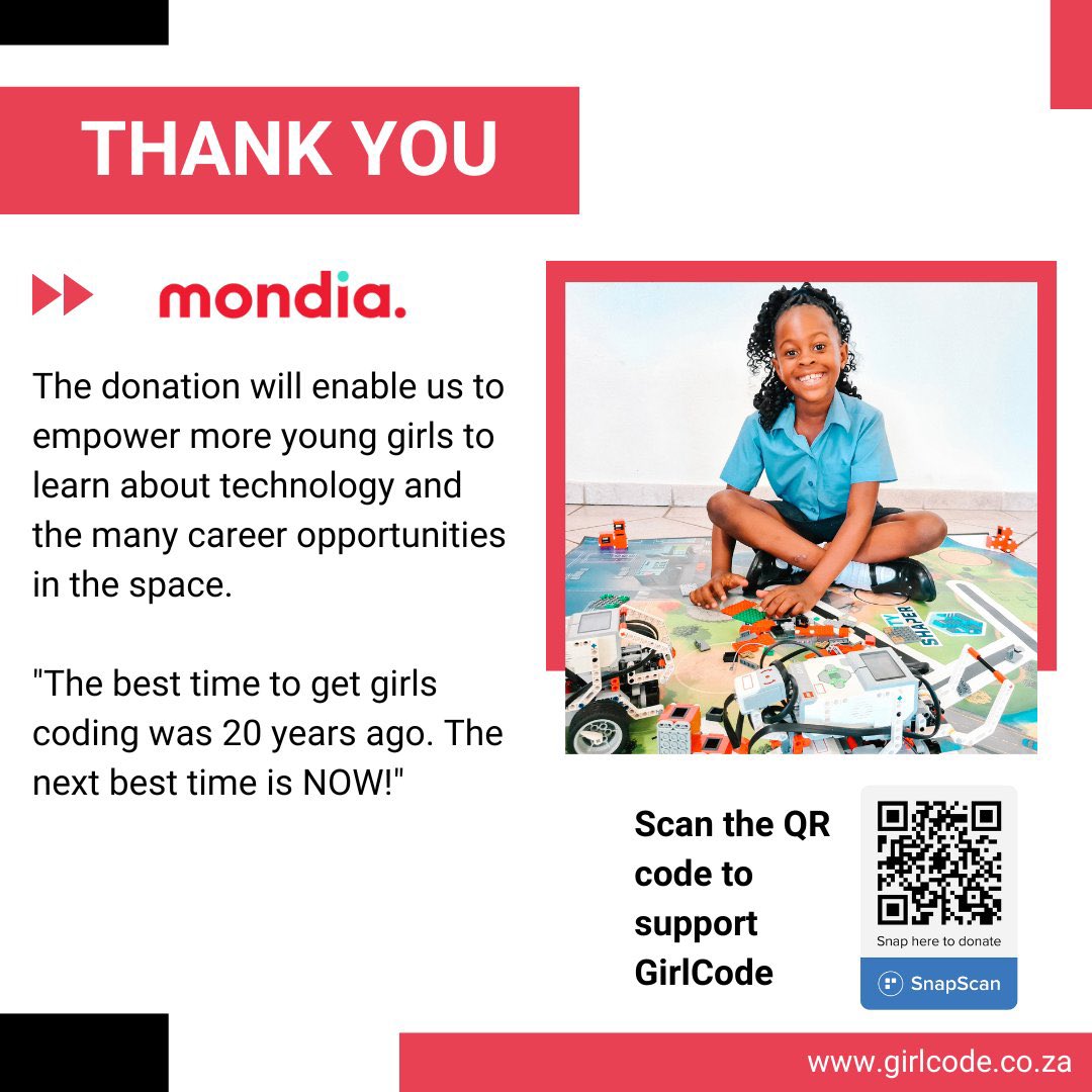 GirlCode_za's tweet image. The best way to start a week is with a thank you post. Thank you to @Mondia_Group for their generous donation.
#Girlcoders #Womenempowerment #Codingforfree
