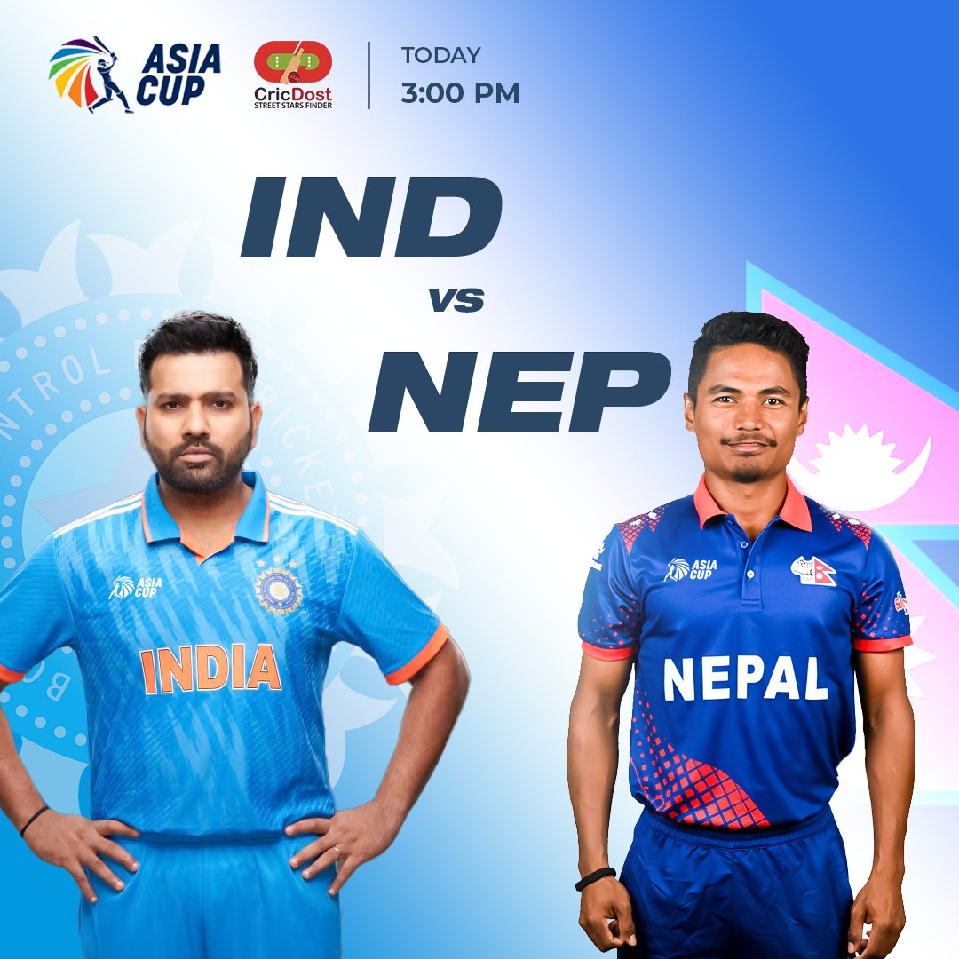 cricdost's tweet photo. 🔥 It's Game Day! 🏏 India 🇮🇳 vs. Nepal 🇳🇵 - A cricket clash you won't want to miss! 

Watch this match today at 3:00 PM for an epic showdown on the pitch. 🏆  

#IndvsNep  #cricketbattle #matchdaymadness #asiacup2023 #viratkohli #hardikpandya #rohitsharma #rohitpoudel https://t.co/lp7QqvNnWK