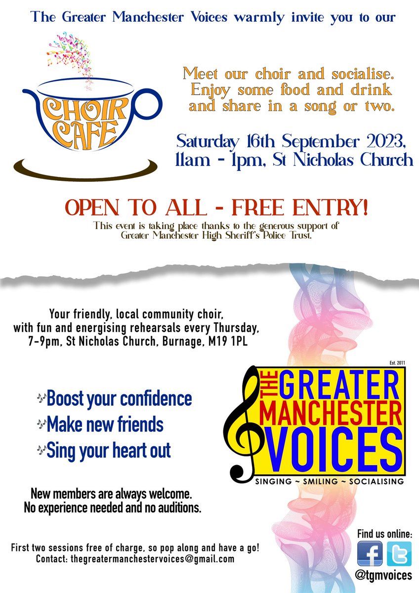 It's September, which means...our Choir Cafe is coming to a St Nick's in Burnage near you!

Come along and eat, drink, listen - and join in if you want to 🎶

Everything is free 🎵

@StNicksBurnage #SingingIsFun #ChoirCafe