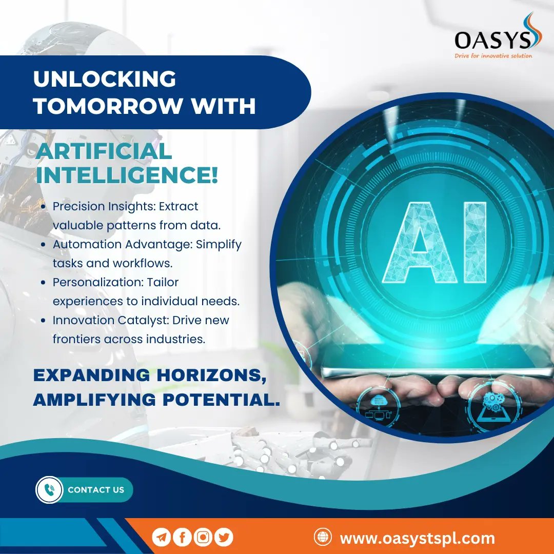 OasysLtd's tweet image. Unlocking Tomorrow with Artificial Intelligence! 🤖 Join Oasys Tech Solutions Pvt Ltd as we pave the way to a brighter, smarter future. Embrace the power of AI today! 💡 

#OasysTechSolutions #AIforTomorrow #InnovationUnleashed #AIRevolution #TechAdvancement #TomorrowTech