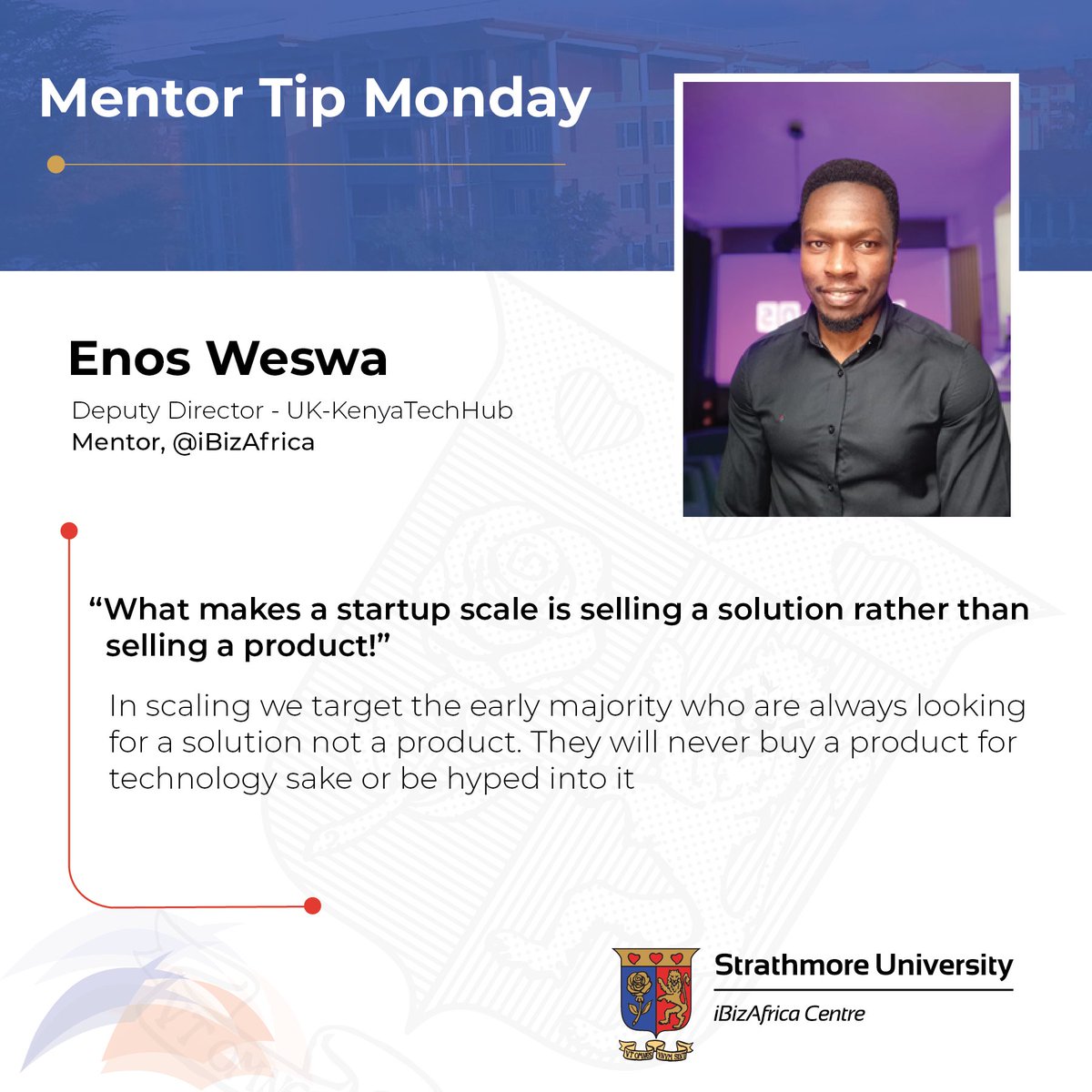 Happy Monday! 😃 Quick question: Are you selling a specific product or providing a holistic solution? 💡 Well, funders tend to gravitate towards solutions💵 This week's #MentorTip comes from @enosweswa Deputy Director @UK_KenyaTechHub & mentor @iBizAfrica. #StartupsScaling