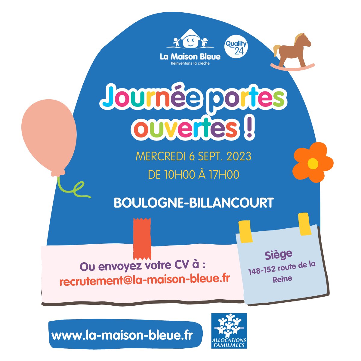 📅Vous faites quoi le 6 sept. de 10h à 17h ? Directeurs de crèche, #EJE, #AP, auxiliaires de crèche (CAP Petite enfance)…nous ouvrons les portes à Boulogne Billancourt (148-152 Route de la Reine). Venez nous rencontrer avec votre CV et trouver un poste en CDI ou CDD !