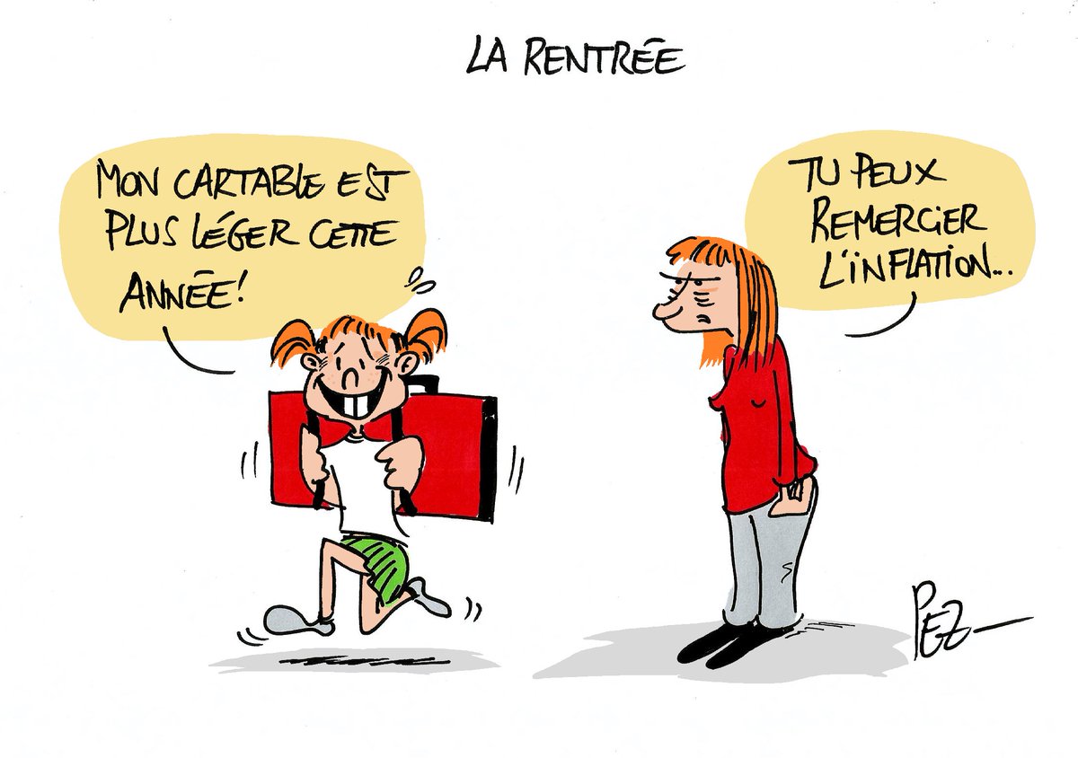 PEZdessinateur's tweet photo. #rentree2023 #RentreeScolaire2023 #rentree #Rentreedesclasses #ecole #college #lycee #prix #inflation #fournitures #EducationNationale #cartables #DessinDePresse #dessin https://t.co/Yc2nVOwNSr