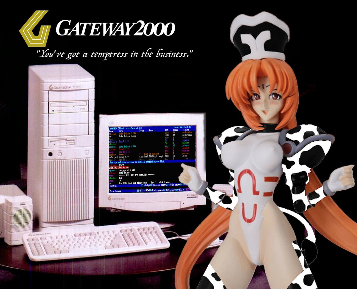 THEBaratusII's tweet photo. So Dakki being the mascot for Gateway 2000 computers truly was a great idea.

Also who wouldn't want to have DWANGO on their office environment? :P

#妲己 #仙界伝封神演義 #dakki #sodakki #妲己ちゃん #gateway2000 https://t.co/X5Oaru5yp7