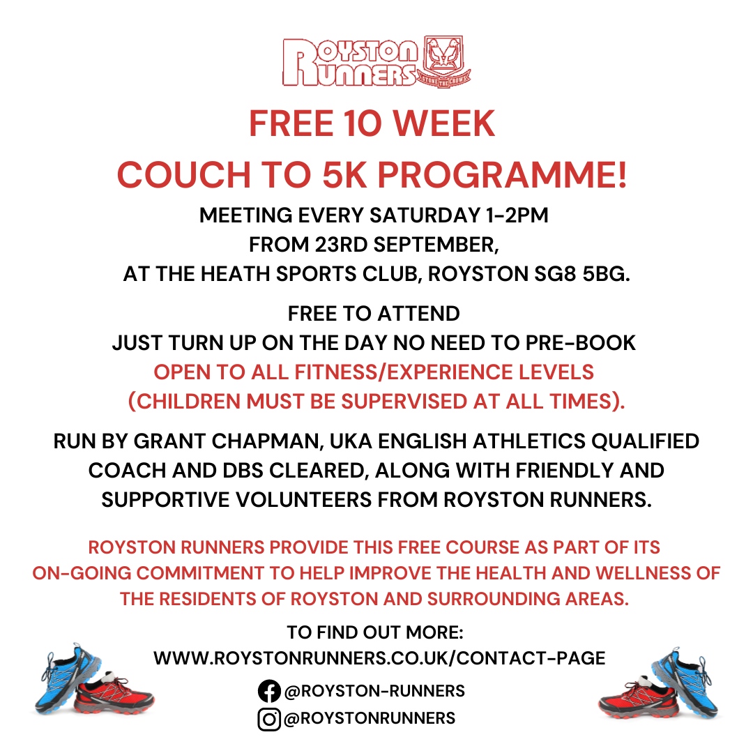 TheListing's tweet photo. Royston Runners are back with their FREE 10 week COUCH to 5k programme! Meeting every Saturday 1-2pm from 23rd September, 
at the Heath Sports Club. 

#RoystonRunners #Royston #CouchTo5K #C25k #LearnToRun #RunningForBeginners #RunningMotiviation #IntroductionToRunning https://t.co/hl5Gp0PEEx