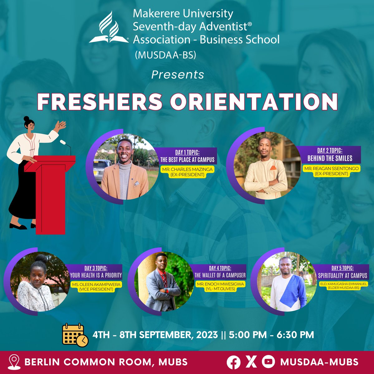 Join us this week for the Freshers' Orientation at the Berlin Common Room, MUBS. Every evening from 5:00 pm to 6:30 pm

#MusdaaBs #1styear #OrientationWeek