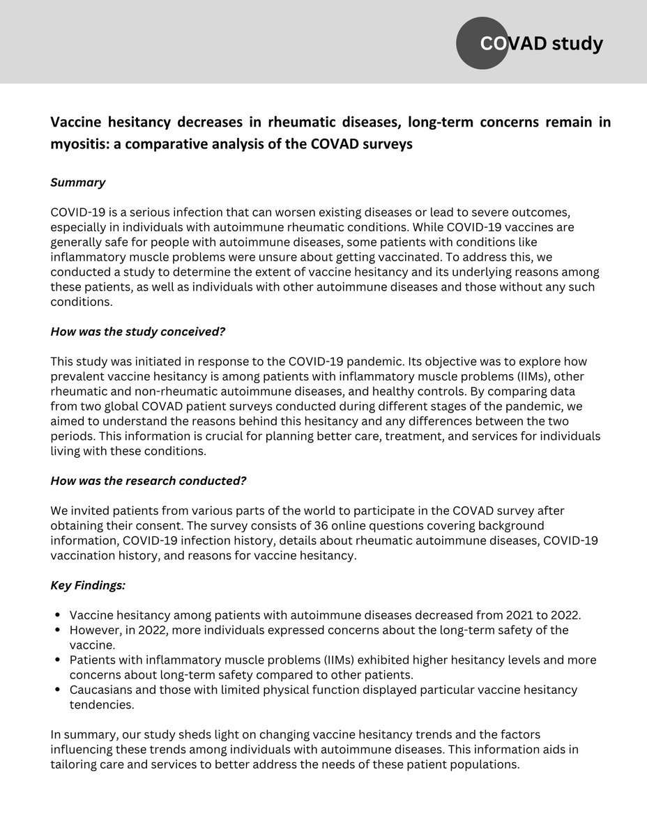The CoVAD Study (@covadstudy) on Twitter photo ๐ค Bridging the gap between science and understanding! Explore the plain language summary on Vaccine Hesitancy paper from CoVAD-2 ๐
Let's unlock the world of rheumatology research! ๐
Link to the full article: t.ly/cNZSd
<a href="/RheumJnl/">Rheumatology & Rheumatology Advances in Practice</a> <a href="/RheumatologyUK/">BSR</a>
#RheumTwitter ๐ค Bridging the gap between science and understanding! Explore the plain language summary on Vaccine Hesitancy paper from CoVAD-2 ๐
Let's unlock the world of rheumatology research! ๐
Link to the full article: t.ly/cNZSd
<a href="/RheumJnl/">Rheumatology & Rheumatology Advances in Practice</a> <a href="/RheumatologyUK/">BSR</a>
#RheumTwitter