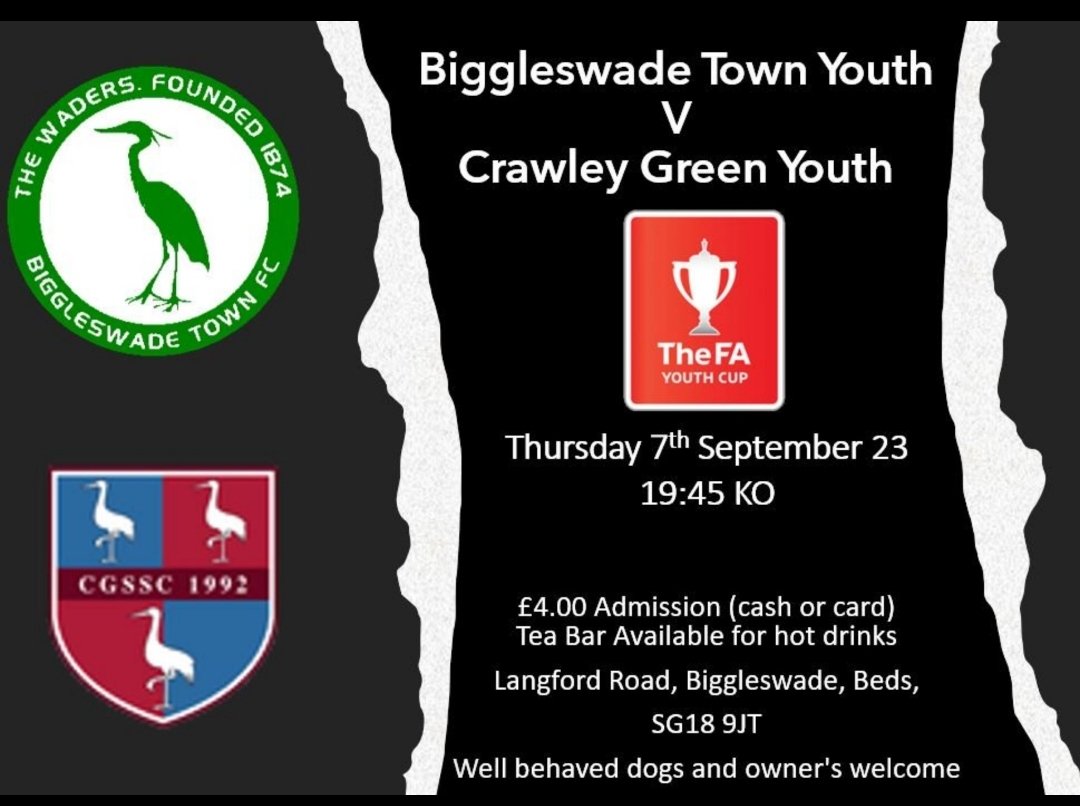 BTownYouthfc's tweet photo. Join us this Thursday and support the U16 in their first ever FA Youth Cup competition against Crawley Green 
🎟 - £4.00
⏰️ - 19:45 KO
🐶 - dog friendly ground
☕️ - tea hut facilities on the night 
🏟- SG18 9JT

@Biggleswade1874 https://t.co/TLxTEhcj5r
