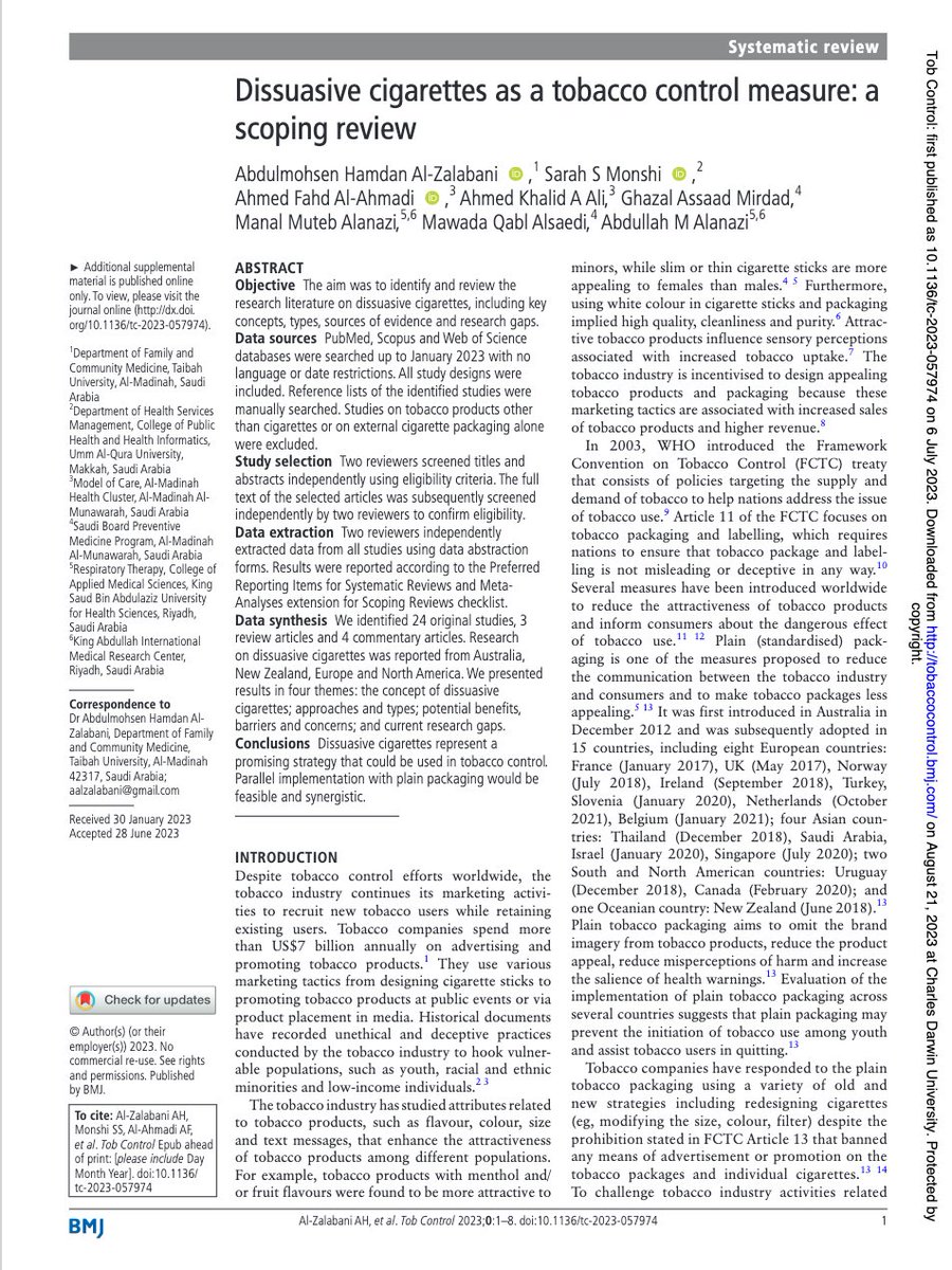 TC_BMJ's tweet photo. Latest News: Scoping review finds potential for the use of dissuasive cigarettes in tobacco control. https://t.co/5rszxzAwfd @alzalabani https://t.co/9LefK2VPL1