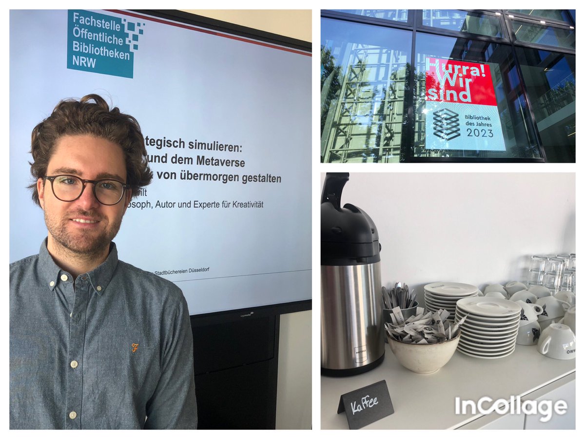 zbiwthkoeln's tweet photo. Gleich geht’s los - spannendes Seminarthema: „Zukunft strategisch simulieren: Mit KI-Tools und dem Metaverse die Bibliothek von morgen gestalten“ mit Felix M. Wieduwilt in der Zentralbibliothek Düsseldorf - danke #KAP1 @StpnLibrarian @oebib_NRW der Kaffee steht bereit ☕️😊 https://t.co/GgZzkLwcJM