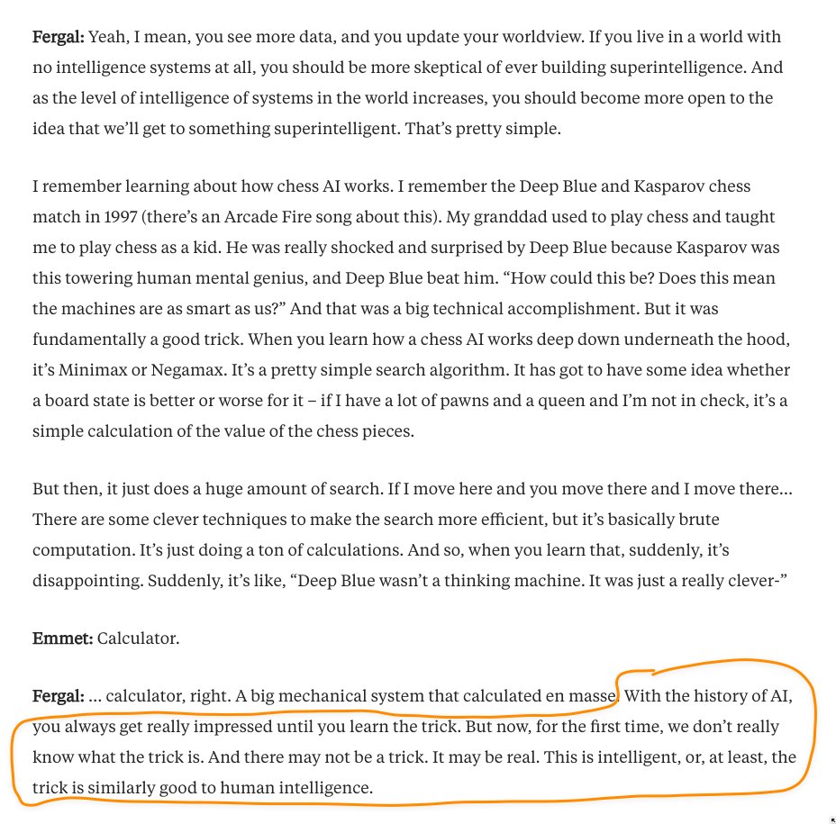 Intercom's <a href="/thoughtwax/">Emmet Connolly</a>  and <a href="/fergal_reid/">Fergal Reid</a>  go heavy into speculative mode on the future of AI. 

I think Fergal's comparison to Deep Blue really sharpens why this is such an inflection point: 
intercom.com/blog/videos/th…