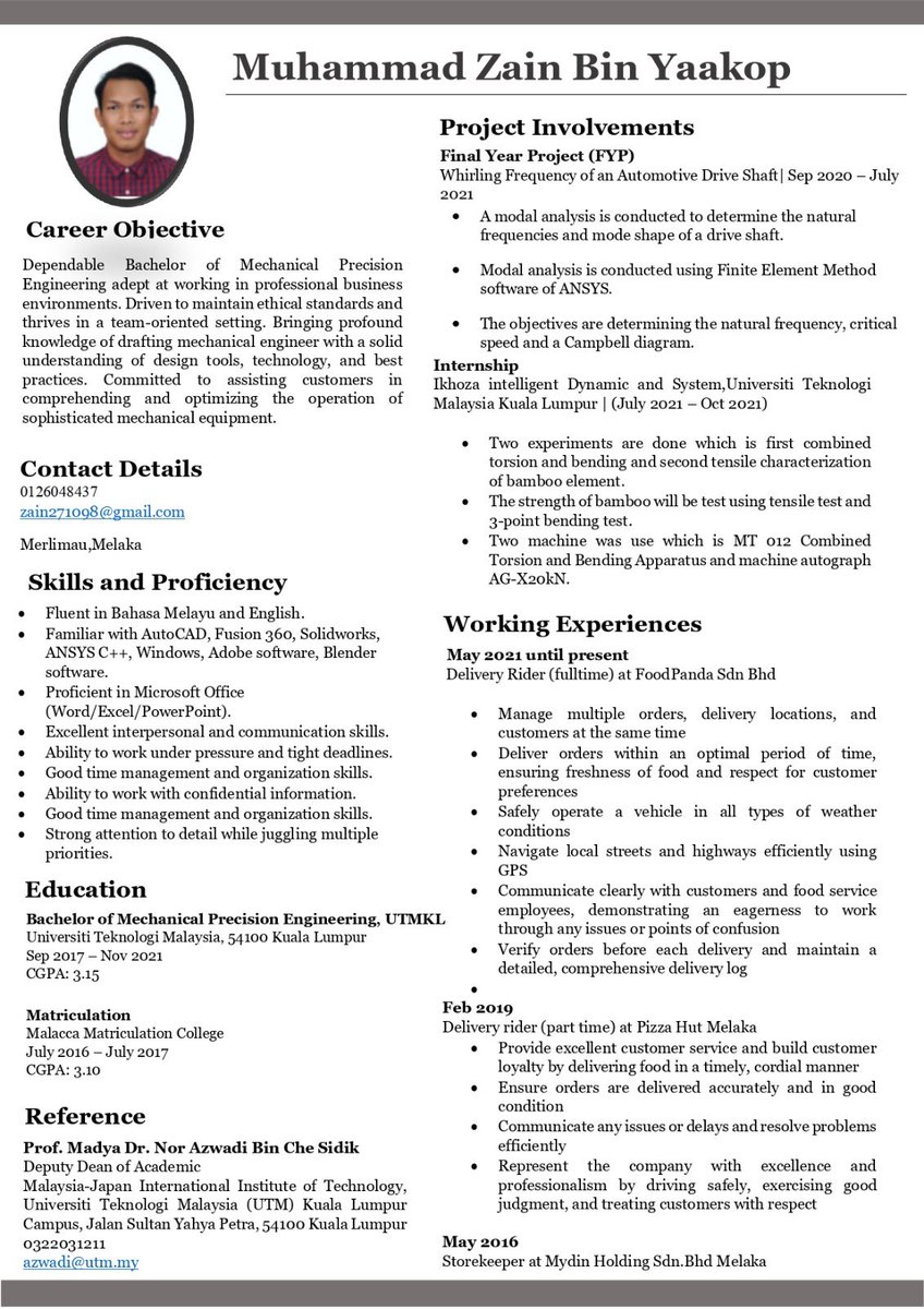 byafiqhzmri's tweet photo. hi! helping my husband finding 
 suitable job that fit with his study

Bachelor of Mechanical Engineering, UTMKL (graduate 22/11/2022)

 between the job seeking he done multiple job and mainly by being foodpanda rider.

Work location preffered ; Malacca, Selangor &amp; Kuala Lumpur. https://t.co/Z9liGaDVxN