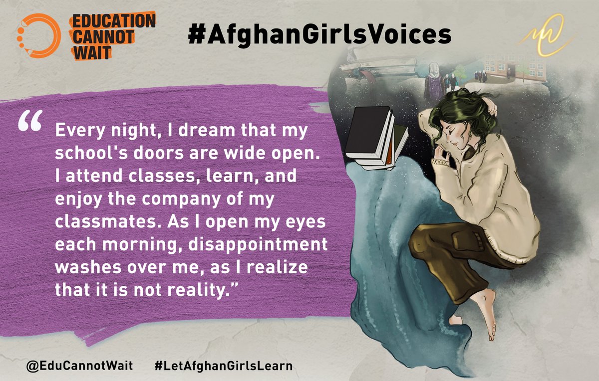 UNOCHA's tweet photo. We’re joining @EduCannotWait to shine a light on young Afghan girls who are being denied their basic right to education.

Their call rings louder than ever. Read these inspiring and heart-wrenching testimonies of resilience and hope ➡️ https://t.co/zzBZV1WT6V

#AfghanGirlsVoices https://t.co/DII3kvVU8n