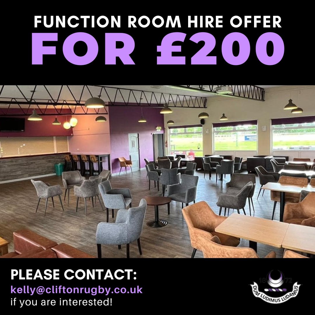 cliftonrugby's tweet photo. We are currently offering a function room hire price of ยฃ200!๐คฉ
Speak to Kelly on: kelly@cliftonrugby.co.uk for further information and bookings!๐ฒ๐ง
#cliftonrfc #cliftonrugby #functionroomhire #functionroom #events #bookings #clubhouse https://t.co/2OPALWjvo8