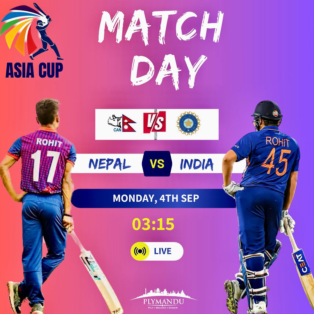 plymandu's tweet photo. The atmosphere is electric, passions run high as Nepal takes on India in the second match of the Asia Cup! The stage is set, and PLYMANDU family sends their best wishes to Nepal for this historic moment. Good luck! 🏏🇳🇵🇮🇳 #AsiaCup2023 #NepalVsIndia #CricketFever https://t.co/bwgVB757DN