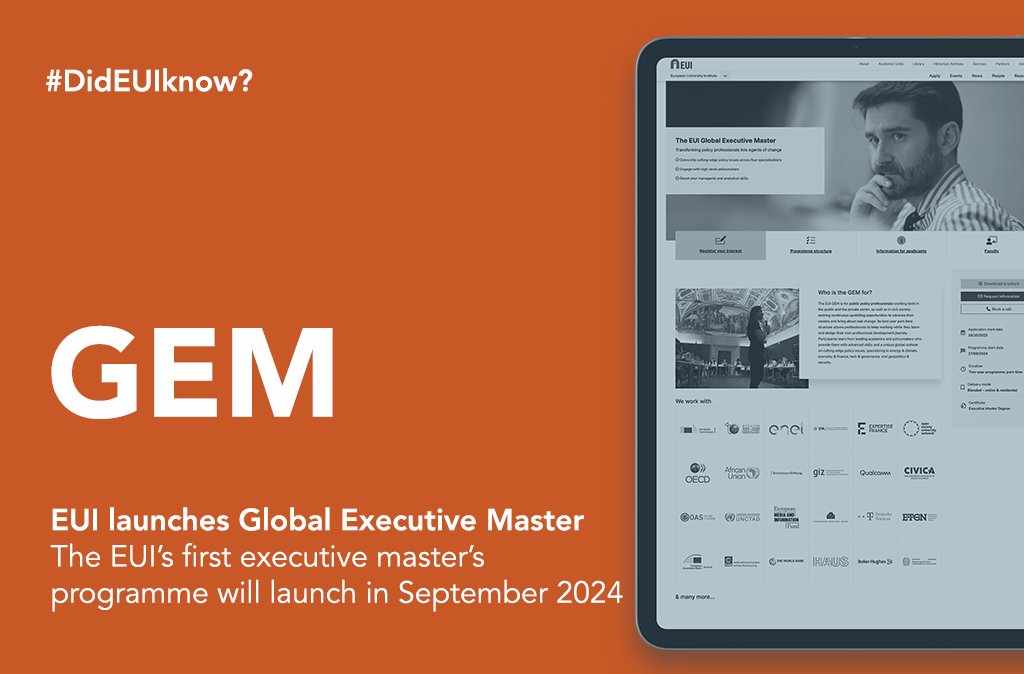 EUI_EU's tweet photo. #DidEUIknow that the EUI's first executive master's programme will launch in September 2024? ๐
๐ The ๐ EUI Global Executive Master #EUIGEM is designed to support #policy professionals to become agents of change.
๐ Curious to know more? Visit https://t.co/aBCzyzkScr https://t.co/8DjauqepAS