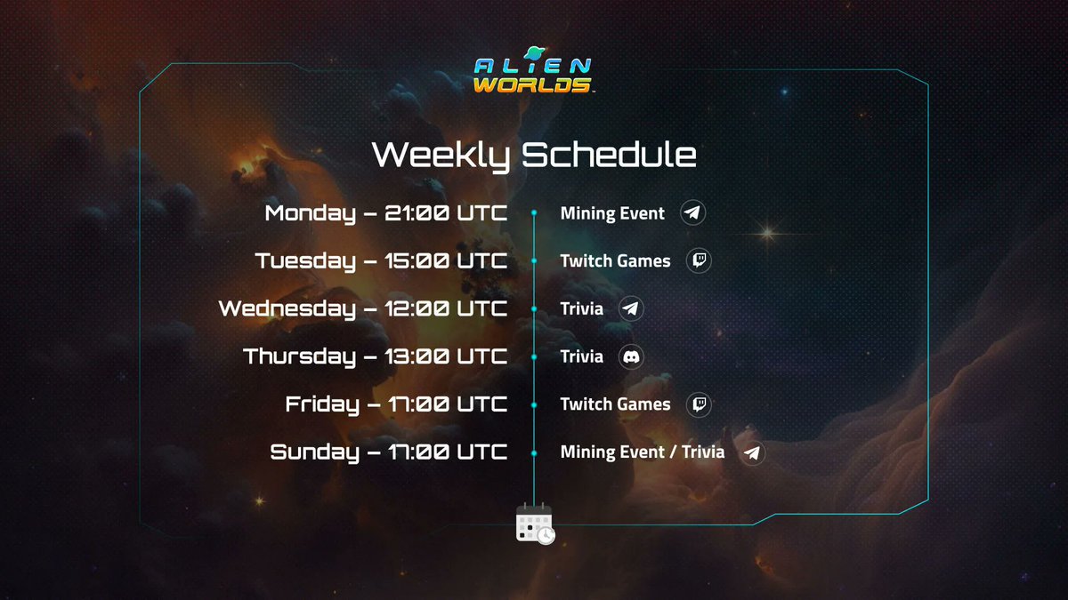 Wishing everyone a very Happy New Week! 🌻
@AlienWorlds's daily social events gives everyone the chances to meet other Explorers and make new friends in the #AlienWorldsMetaverse. You can also win #AlienWorldsNFT!🎁

Participate in any or all of these events!🍀

#AlienWorlds
