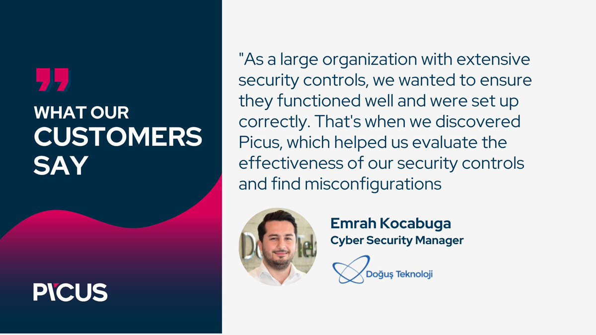 PicusSecurity's tweet photo. How does Dogus Teknoloji optimize its vast security controls? 🛡️
Emrah Kocabuga shares: “We discovered Picus…to evaluate our security controls and find misconfigurations.” Dive deeper with our customer story! 🔍
🔗https://t.co/3kGzMoNW5A
#Cybersecurity #PicusSecurity https://t.co/22OPDAKg9R