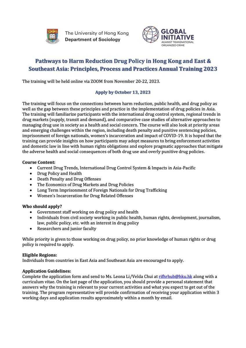 hkucriminology's tweet photo. Pathways to HR Drug Policy in HK and East &amp; SE Asia: Principles, Process and Practices Annual Training 2023 is now open for application.  This training will be held via ZOOM on Nov 20-22, 2023.
 
Apply by Oct 13, 2023!  

Download application form here: https://t.co/q1UaUUmHhl https://t.co/gO9YPd75tl