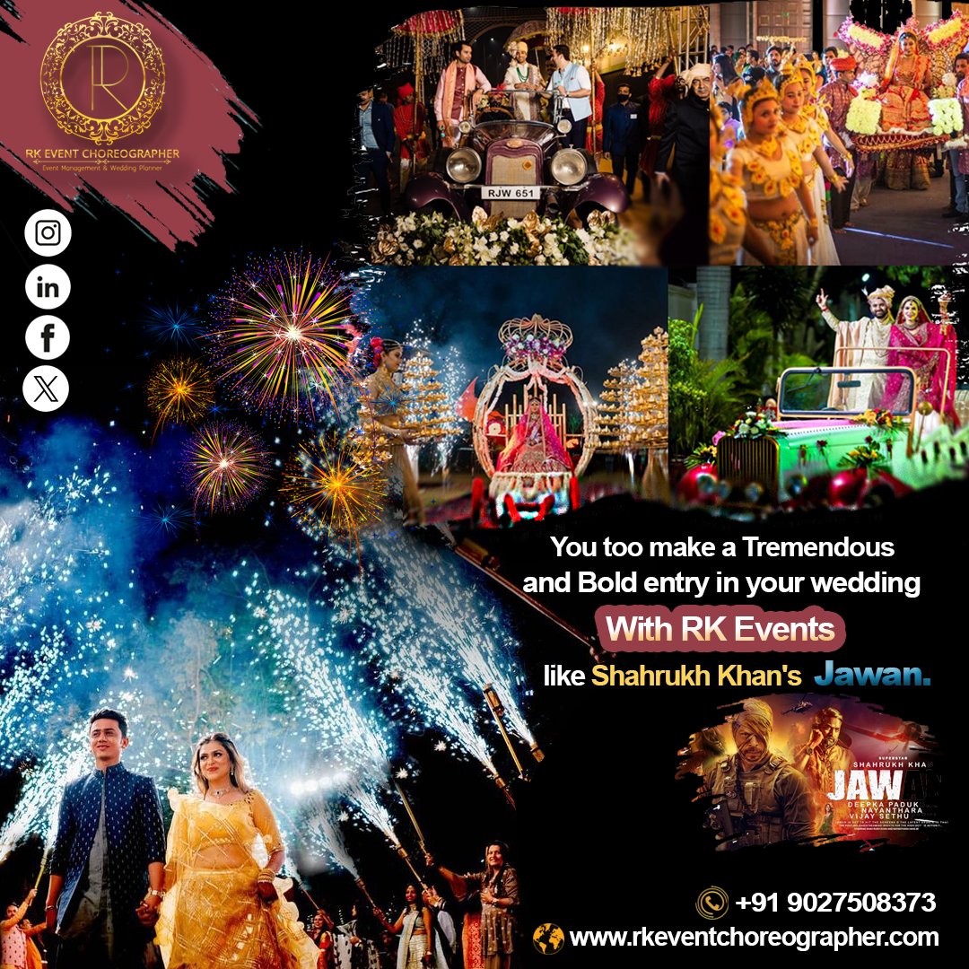 RkEventchauhan's tweet photo. You too make a massive and bold entry in your wedding with RK Events like Shahrukh Khan's #jawan.
#rkeventchoreographer #wedding #coupleentry #entrytheme #bridalentry #weddingday #weddingdecor #jawan #srkteam #jawanpromotions #jawanmovie #weddingideas #srkuniverse https://t.co/OkaCvgECKe
