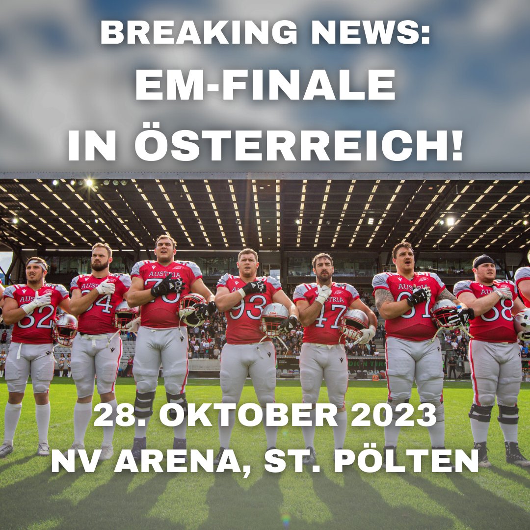 BREAKING NEWS 🇦🇹😍🇦🇹 FINALE ZUHAUSE

Das Finale der IFAF Europameisterschaft 2023 findet am 28. Oktober in der NV Arena in St. Pölten statt 🤩
Details zum Ticketverkauf folgen in Kürze 🎟️

Alle Infos: football.at/2023/09/breaki…

#TeamAustria #OnAMission #goAustria #Nationalteam