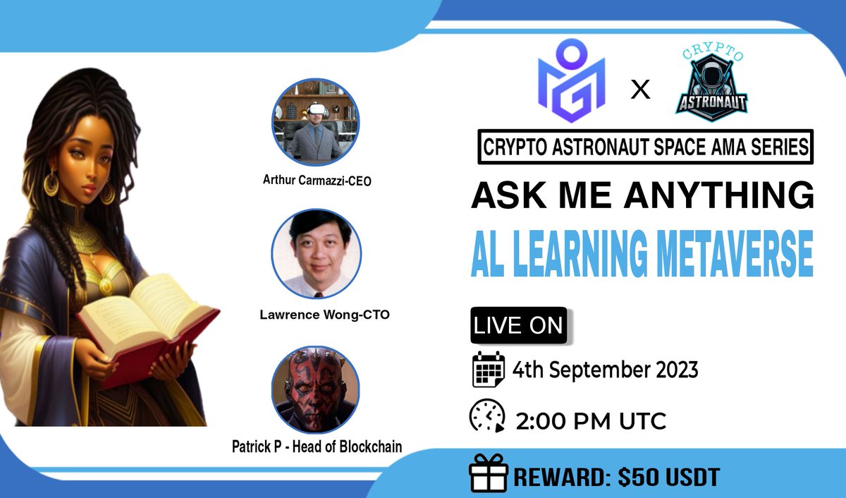 CryptoAs_TW's tweet photo. 📢 We're thrilled to announce our next #AMA with "Al Learning Metaverse"on 4th,September,2023 at 2:00 PM UTC

𝗧𝗪𝗜𝗧𝗧𝗘𝗥 𝗦𝗣𝗔𝗖𝗘 𝗔𝗠𝗔

🏦Venue: @CryptoAs_TW

🏆 Reward Pool: $50

〽️Rules
Follow @CryptoAs_TW &amp; @GlobalMentor_E
~ Comment &amp; Like,Retweet &amp; Follow https://t.co/urSa6MR8G1