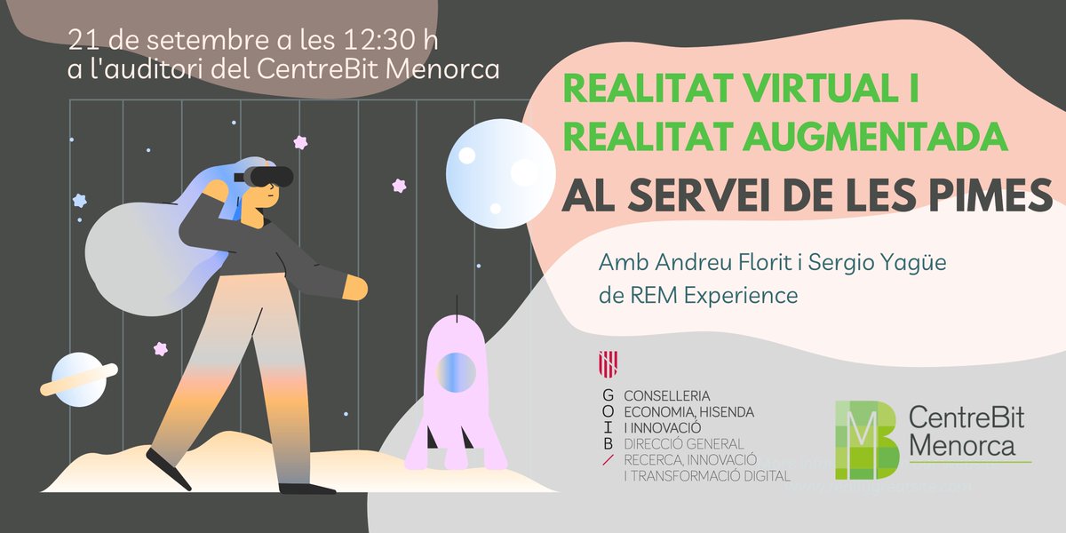 centre_bit's tweet photo. El proper 21 de setembre a les 12,30 a l’auditori del #CentreBit #Menorca tendrà lloc la jornada #RealitatAugmentada i #RealitatVirtual al servei de les PIMES per conèixer quines aplicacions reals i pràctiques tenen aquestes tecnologies per les #PIMES
https://t.co/IJGtFqdLwE https://t.co/gKGaJoFp5L