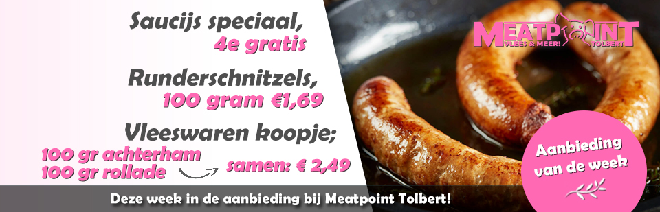 MeatpointNL's tweet image. Deze week in de aanbieding bij Meatpoint Tolbert:  

Saucijs speciaal; 4e gratis!
Runderschnitzels; 100 gram voor maar €1,69
Vleeswaren koopje; 100 gram achterham &amp;amp; 100 gram rollade: samen voor slechts: €2,49 

Kijk ook op onze website: meatpointtolbert.nl